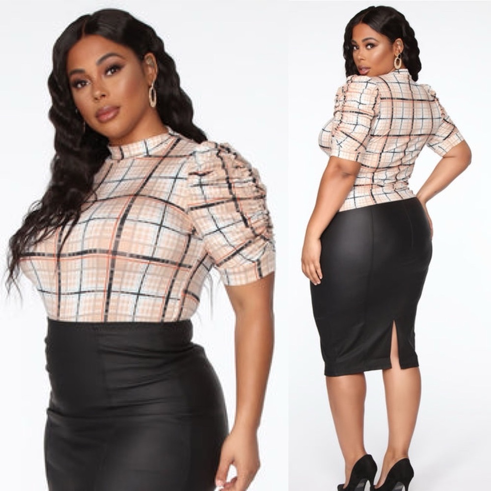 Fashion Nova 1X Brown Plaid Puff Sleeve Top Sheer My Sleeve Tan Top